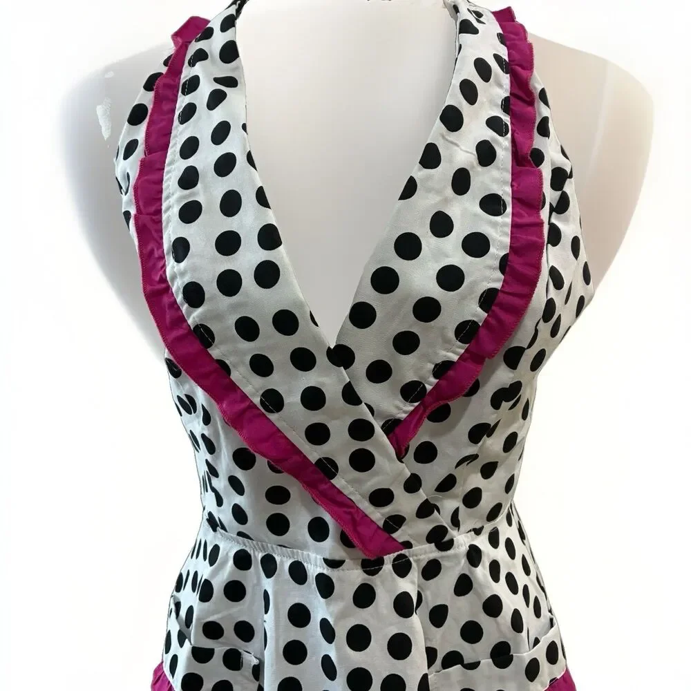 American Hostess Apron Polka Dot Ruffle Trim Retro Halter OS Black Pink Cottage